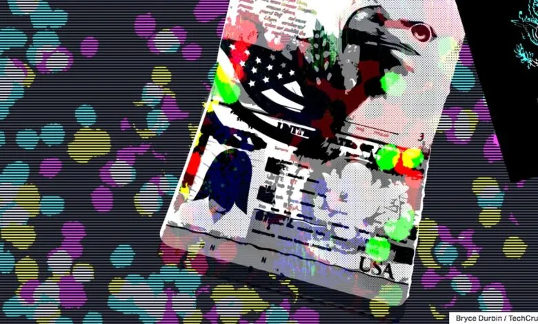 Abstract image of a US passport with colorful, patterned background.