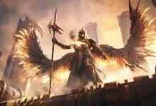 Winged warrior in ornate armor stands atop a stone structure.