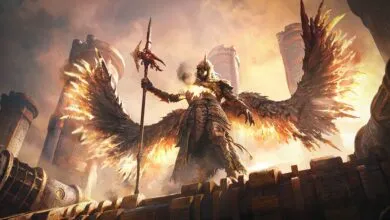 Winged warrior in ornate armor stands atop a stone structure.