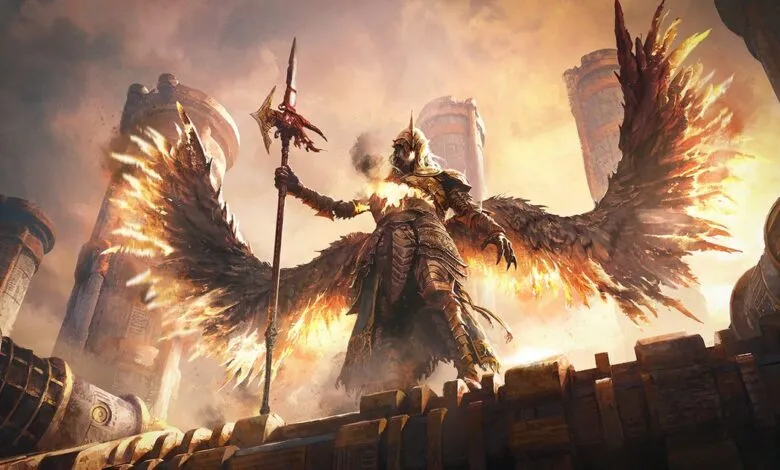 Winged warrior in ornate armor stands atop a stone structure.