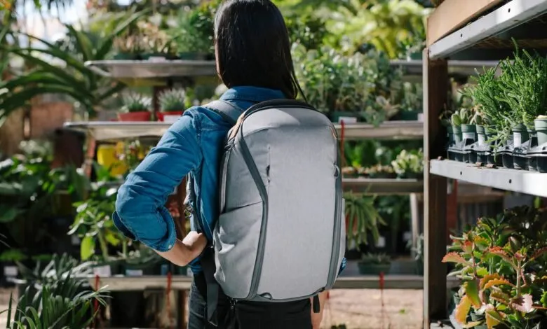 Person wearing a gray backpack in a plant nursery, back view.