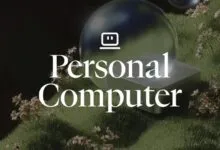 Abstract image with 'Personal Computer' text, grass, flowers, and spheres.