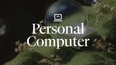 Abstract image with 'Personal Computer' text, grass, flowers, and spheres.
