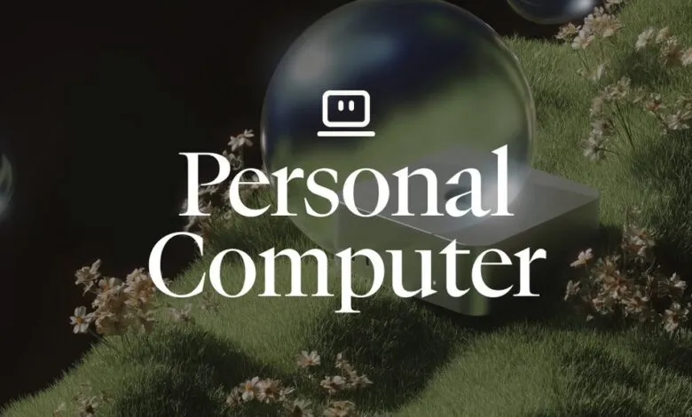 Abstract image with 'Personal Computer' text, grass, flowers, and spheres.