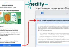 Screenshot of a Meta copyright violation notice and a fake Facebook login page.