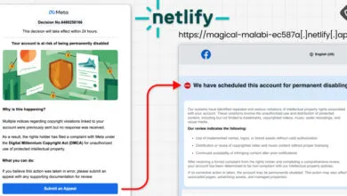 Screenshot of a Meta copyright violation notice and a fake Facebook login page.