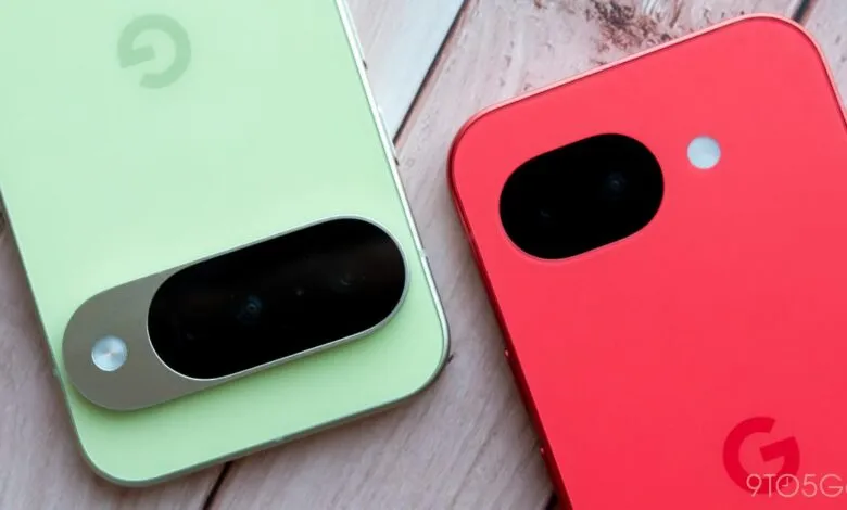 Close-up of two Google Pixel phones, one green and one red, showing camera details.