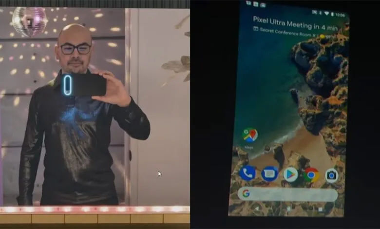 Man takes selfie with Pixel phone showing 'Pixel Ultra Meeting' notification.