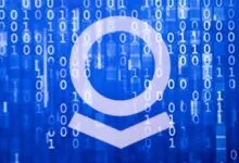 Palantir logo overlaid on a blue binary code background.