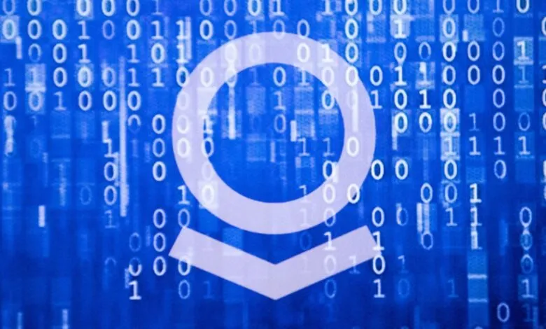 Palantir logo overlaid on a blue binary code background.