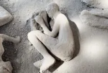 Plaster cast of a Pompeiian victim curled in fetal position.