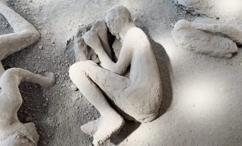 Plaster cast of a Pompeiian victim curled in fetal position.
