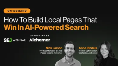 Webinar promo featuring Nick Larson and Anna Rindels on AI-powered local SEO.