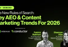 Webinar promo featuring Patrick Reinhart and Shannon Vize on AEO and content marketing trends.