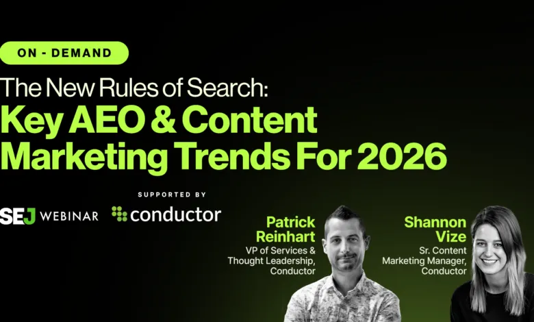 Webinar promo featuring Patrick Reinhart and Shannon Vize on AEO and content marketing trends.
