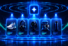 Digital display of online shopping items: shoe, headphones, watch, mixer, and thermos.