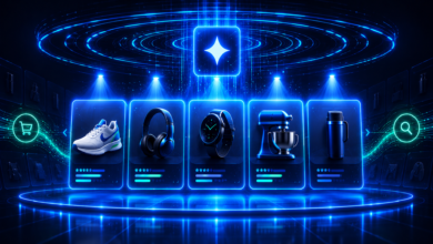 Digital display of online shopping items: shoe, headphones, watch, mixer, and thermos.