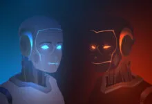 Two stylized robots face each other, one blue and one red, against a dark background.