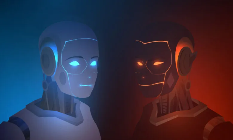 Two stylized robots face each other, one blue and one red, against a dark background.