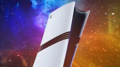 PlayStation 5 console against a colorful, cosmic background.
