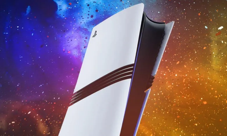 PlayStation 5 console against a colorful, cosmic background.