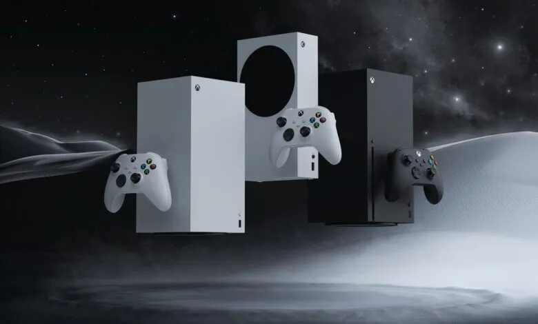 Xbox Series X and S consoles with controllers floating in a surreal, starry landscape.
