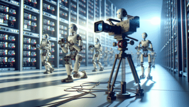 Robots filming in a server room with a large camera on a tripod.