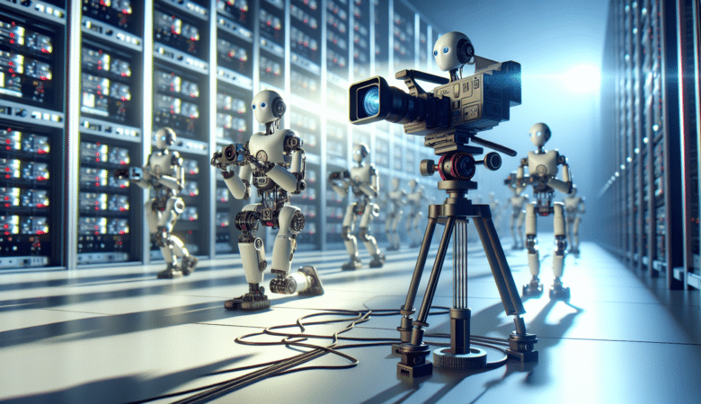 Robots filming in a server room with a large camera on a tripod.