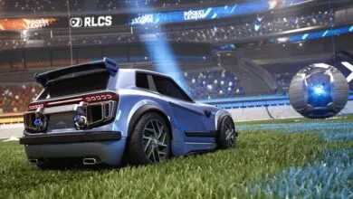 Blue car and ball on Rocket League field, stadium backdrop.
