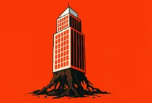 Skyscraper with root system instead of foundation on orange background.
