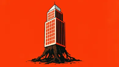 Skyscraper with root system instead of foundation on orange background.