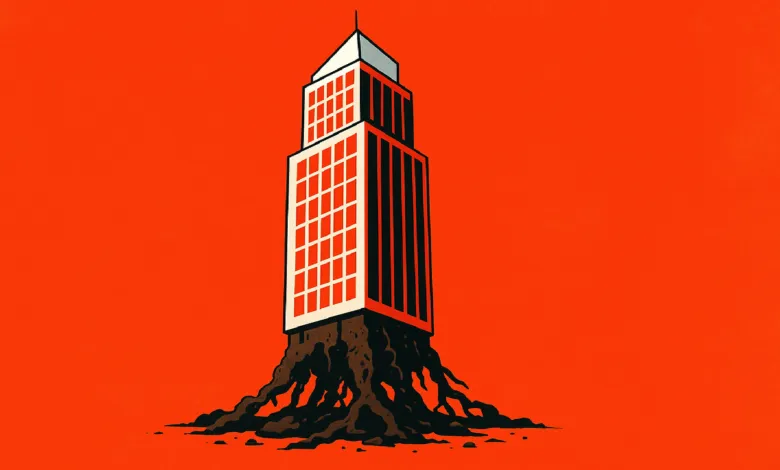 Skyscraper with root system instead of foundation on orange background.