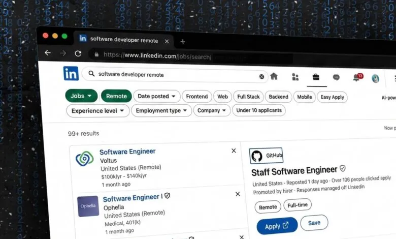 LinkedIn job search results for remote software developer positions.