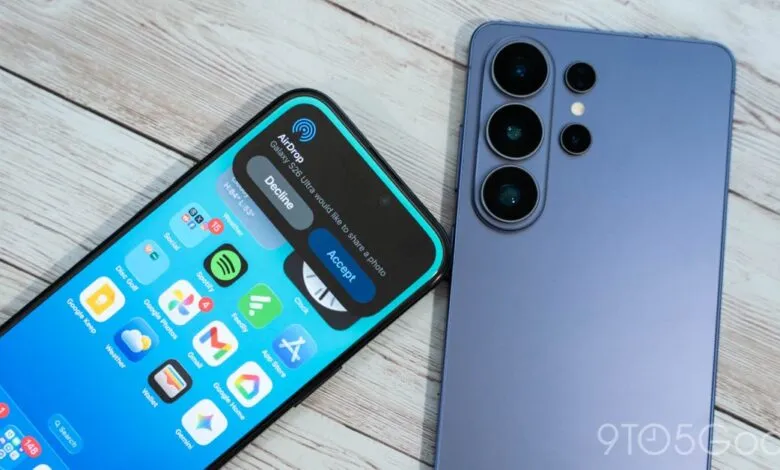 Two smartphones, one showing an AirDrop request from a Galaxy S26 Ultra.