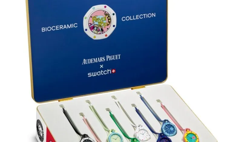 Audemars Piguet x Swatch Bioceramic Royal Pop Collection box with colorful watches.