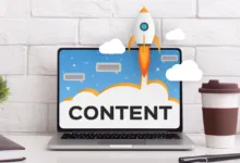 Laptop displays 'Content' with rocket launch graphic, desk setting.