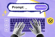 Hands typing on keyboard with AI prompt and generate button.