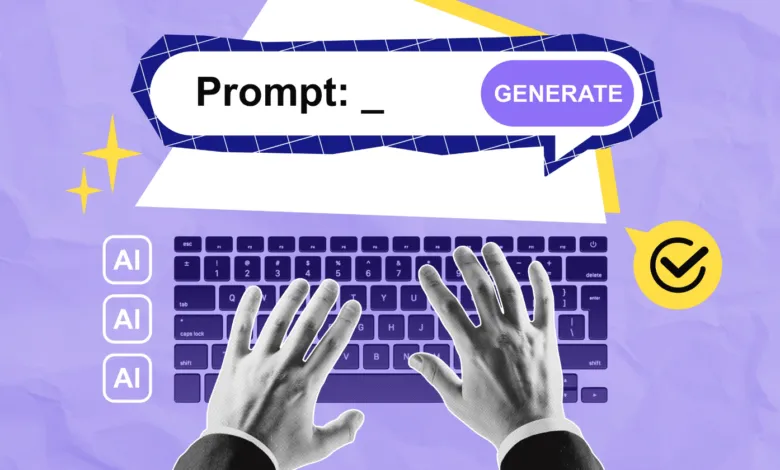 Hands typing on keyboard with AI prompt and generate button.