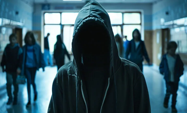 Person in hoodie with obscured face stands in school hallway.