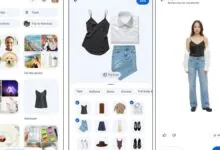 Screenshots of a virtual wardrobe app with clothing options and a model.