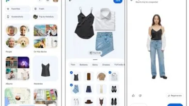Screenshots of a virtual wardrobe app with clothing options and a model.
