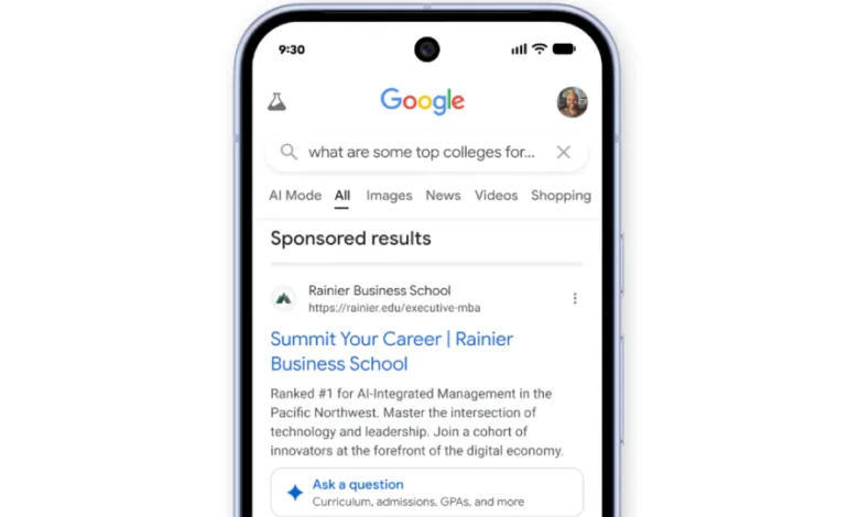 Google search results on a phone for top colleges, showing sponsored ads.