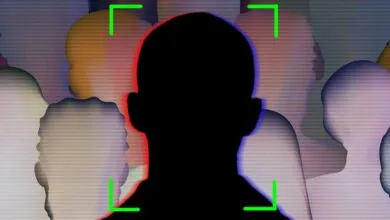Silhouette of a person's head with facial recognition targeting box.