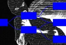 Abstract diagram with blue boxes and lines overlaid on digital code background.