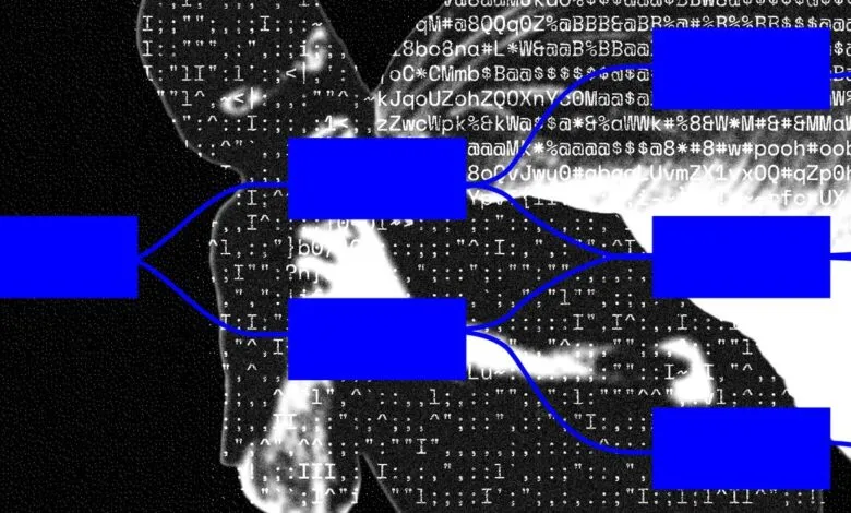 Abstract diagram with blue boxes and lines overlaid on digital code background.
