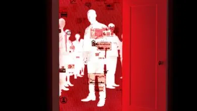Abstract image of figures with data overlays, red door on right.