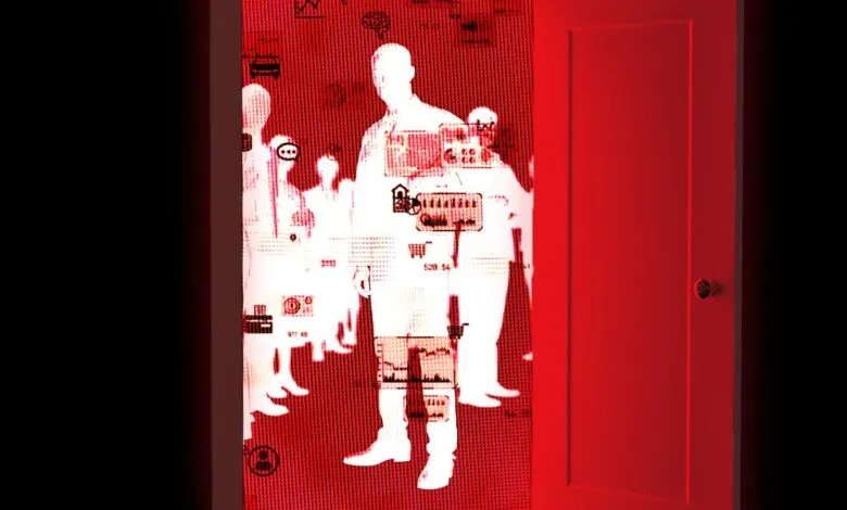 Abstract image of figures with data overlays, red door on right.