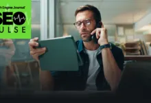 Man on phone with tablet, SEO Pulse logo in corner.