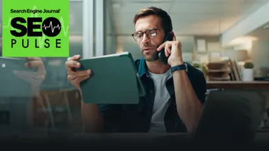 Man on phone with tablet, SEO Pulse logo in corner.