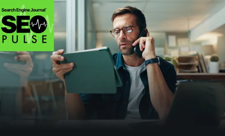 Man on phone with tablet, SEO Pulse logo in corner.